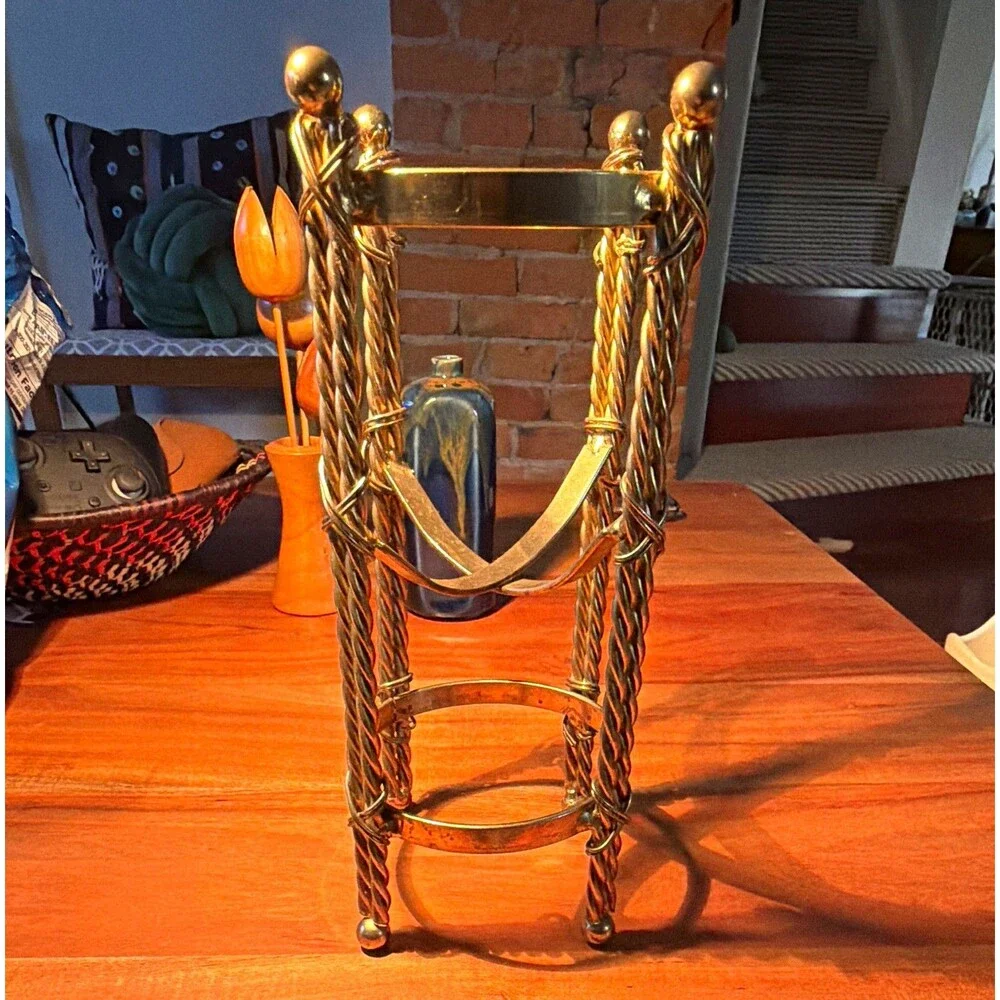 Solid Brass Metal Freestanding Twisted Wine Bottle Holder Stand Rack 1 Bottle